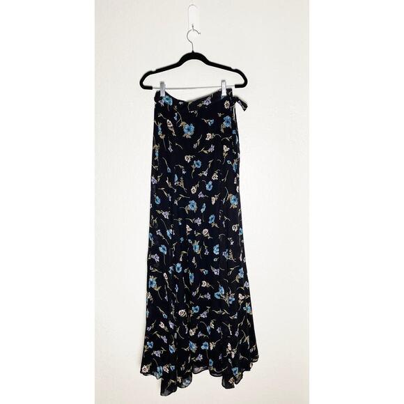 Reformation Women's Maxi Wrap Tie Skirt Black Blue Floral Flowy Lined Bohemian - Picture 1 of 7